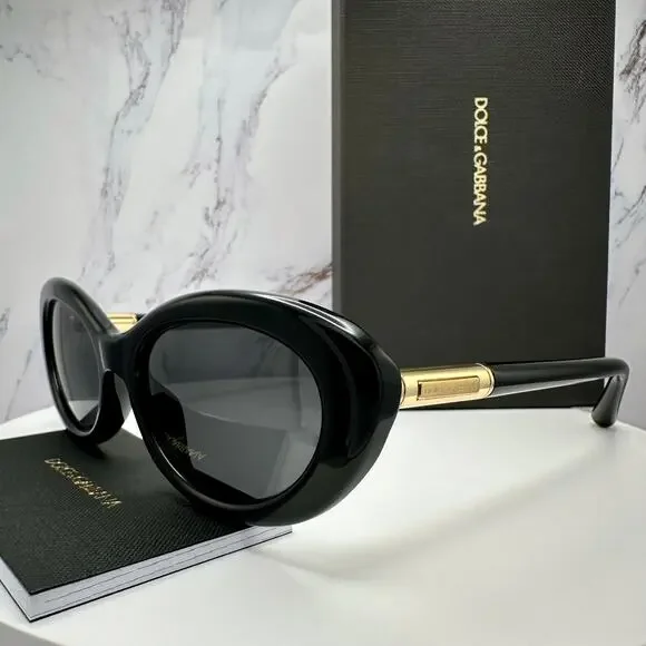 New Dolce & Gabbana Sunglasses Black Oval Cat Eye Gold Metal Logo 54-18 - Picture 3 of 16